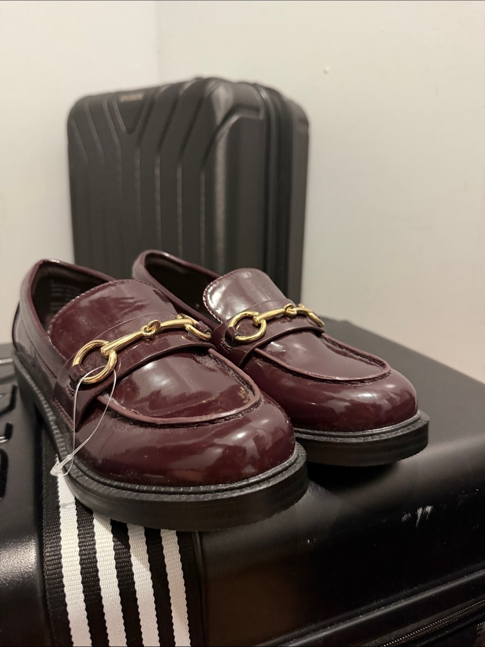 American Eagle Outfitters Women's Burgundy Patent Loafers with Gold Bit